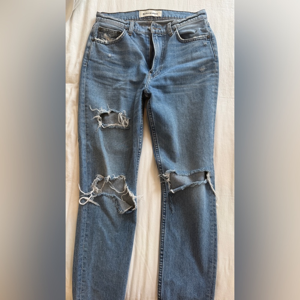 Reformation Distressed Straight Leg Blue Jeans
